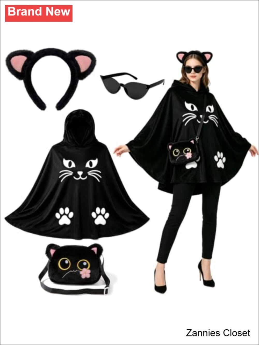 👻 Cat Costume Set Cape Poncho Headband Bag Sunglasses Halloween Women